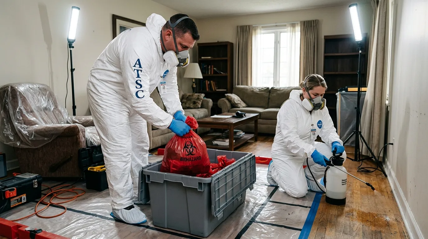 Professional Hoarding Cleanup technician in full PPE working in Union